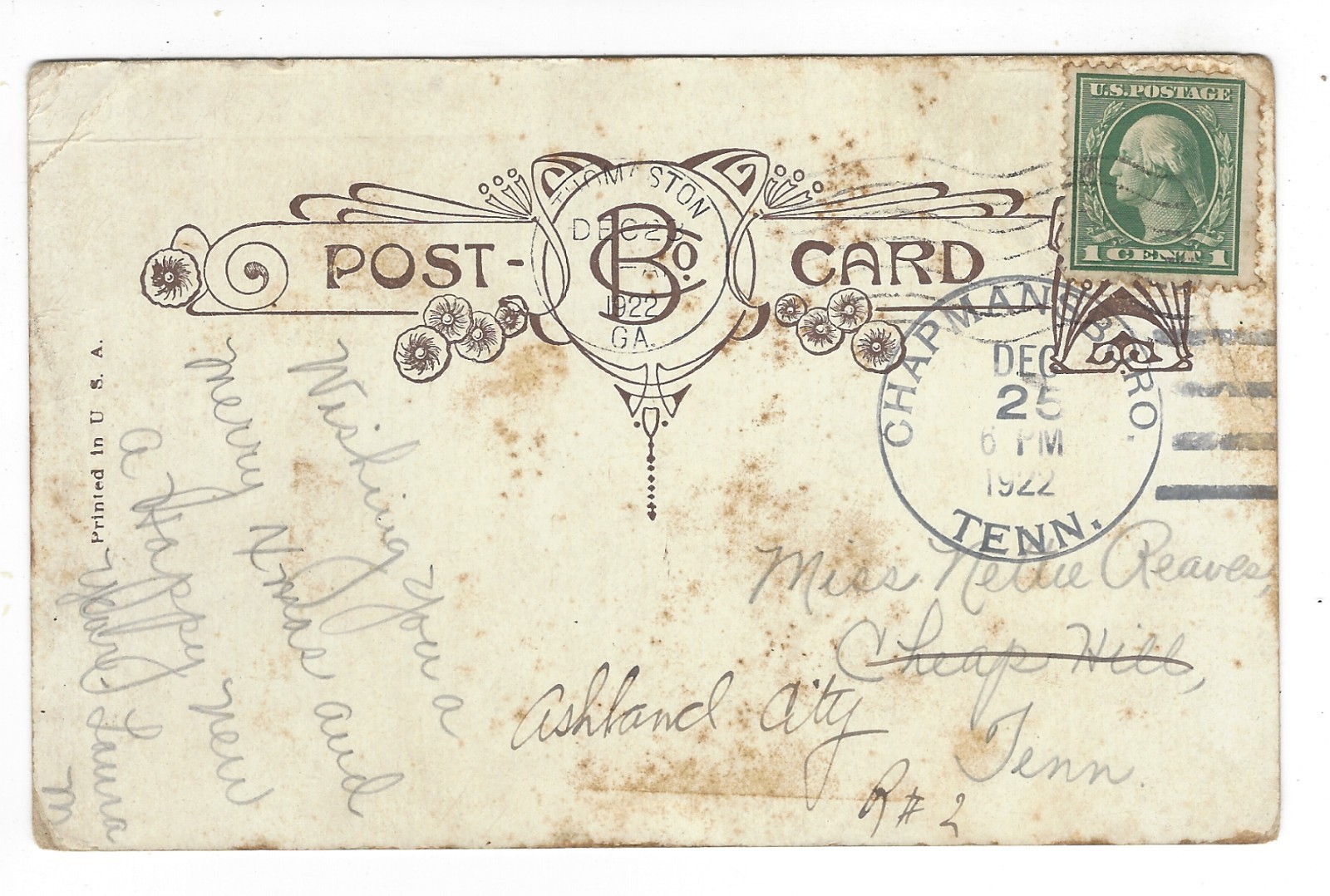 Postcard Undivided Back USA 1 Cent Stamp PM 1922 Christmas Santa