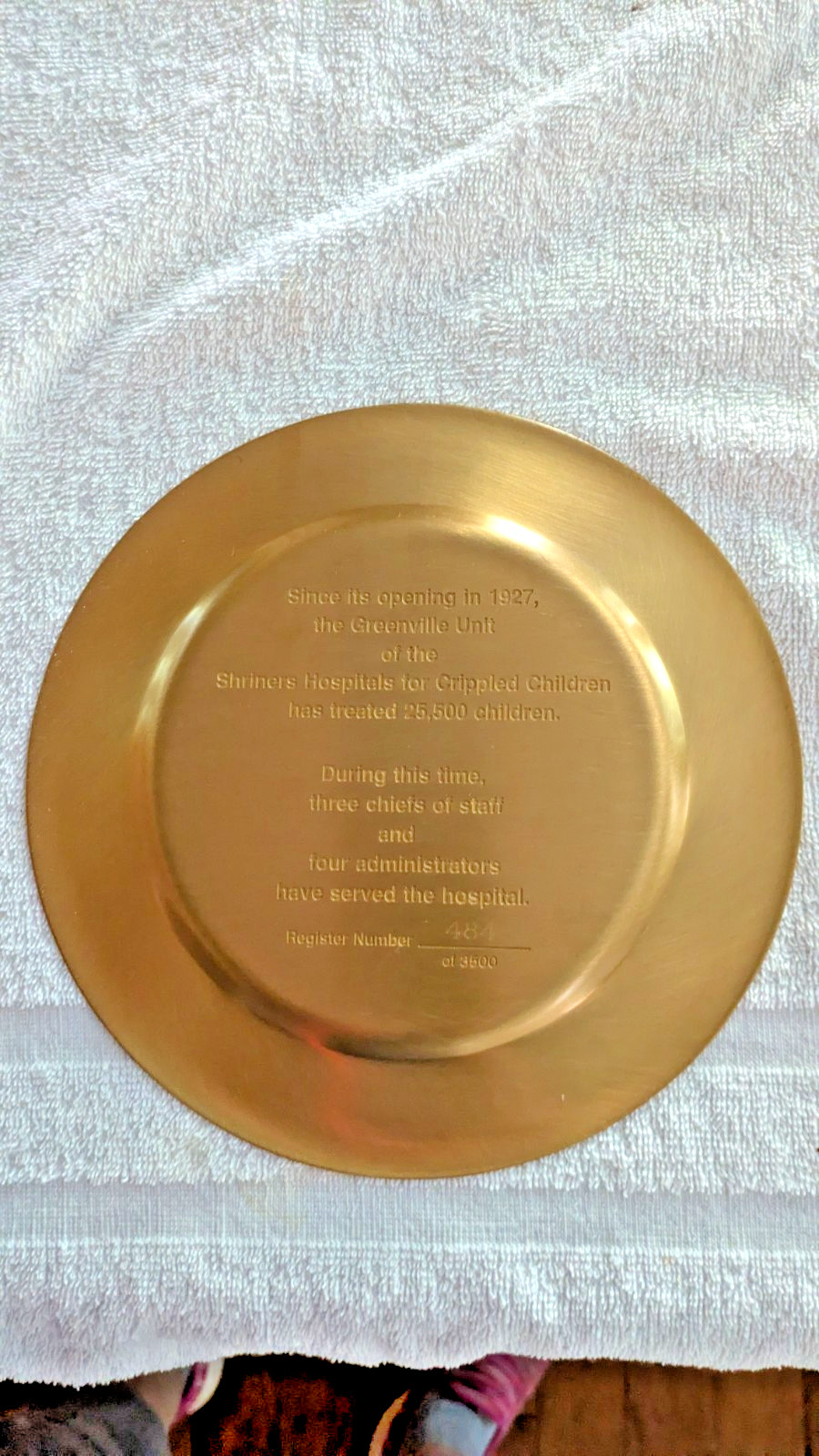 Shriners Hospital for Crippled Children Greenville SC Unit Plate, #484, Ex Cond.