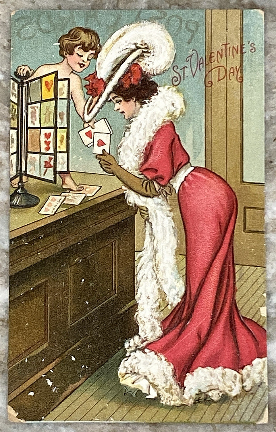 St. Valentine’s Day Fancy Dressed Lady & Cupid 1910 Embossed DB Postcard C246