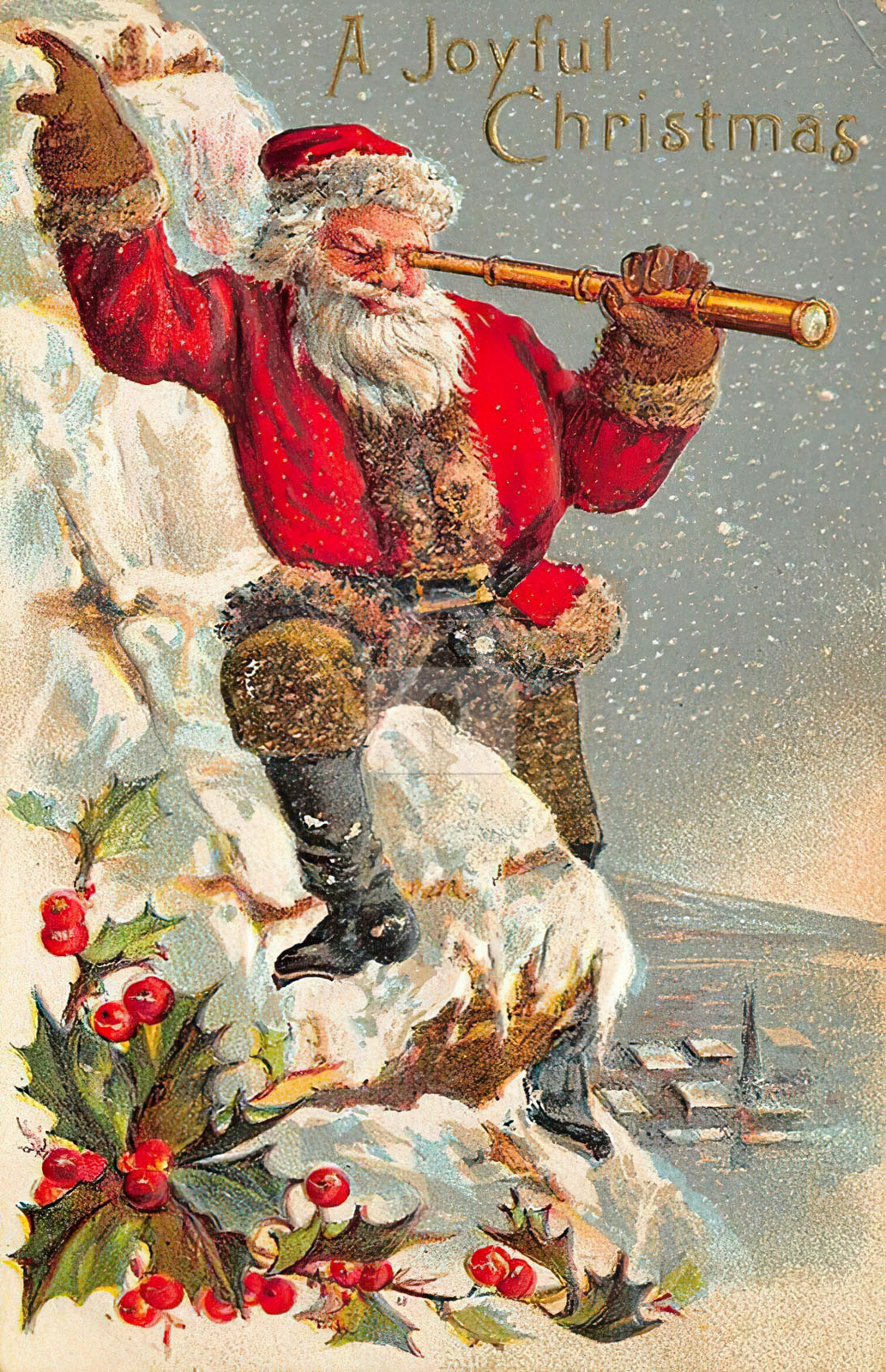 A Joyful Christmas Red Robed Santa Claus Telescope Postcard Copy