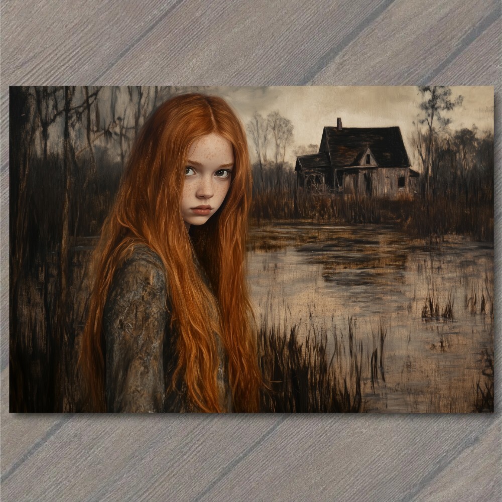 POSTCARD Weird Creepy Vintage Vibe Scary Girl Halloween Redhead Unusual Red Hair