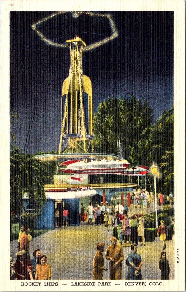 Rocket Ships, Lakeside Amusement Park, DENVER, Colorado Linen Postcard