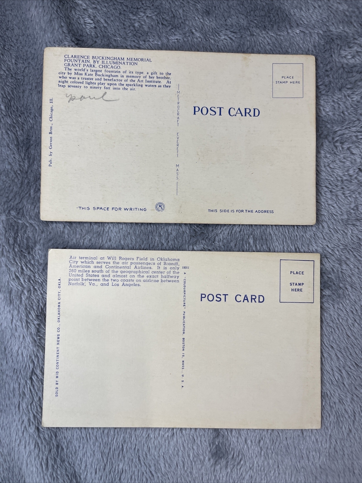 Lot Of 2 Vintage Linen Postcards – Buckingham Fountain & Will Rogers Field