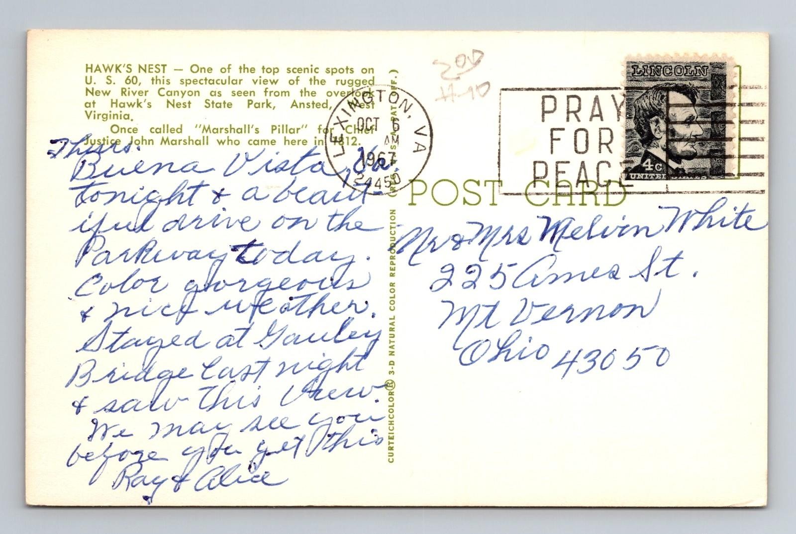 Ansted WV-West Virginia Hawk’s Nest New River Canyon Vintage c1967 Postcard