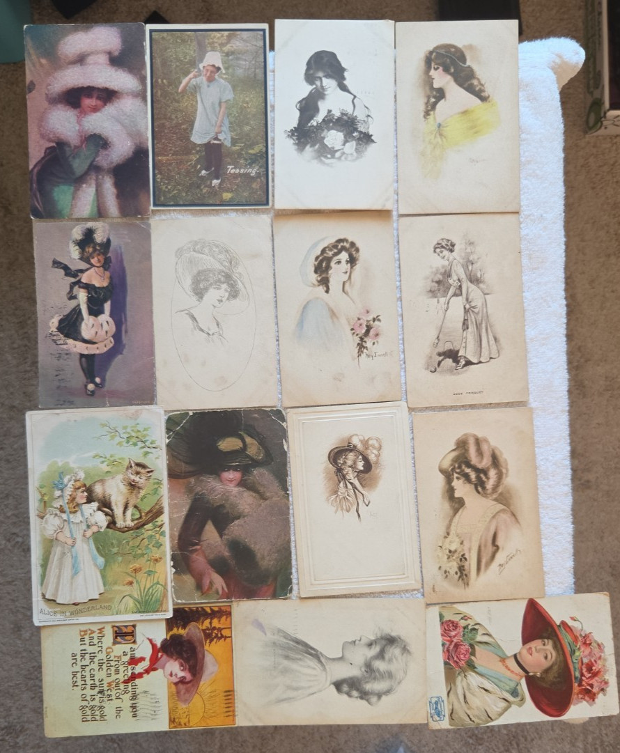 Antique Lot of 16 Souvenir Ladies Women Postcards some postmarked