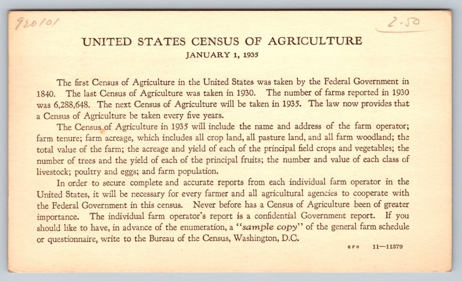 Vintage 1935 United States Census Postcard Washington D.C. Building