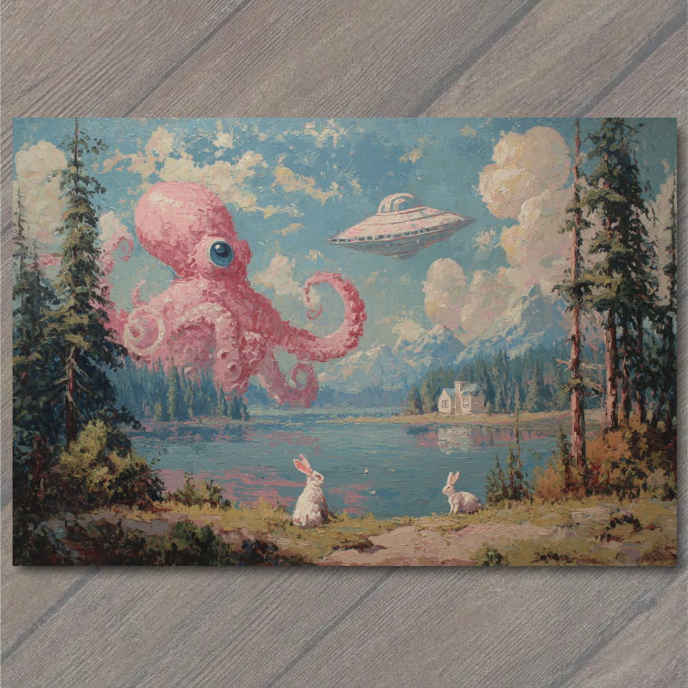 POSTCARD UFO Octopus Rabbits Lake Cabin Funny Surreal Alien Landscape Artwork