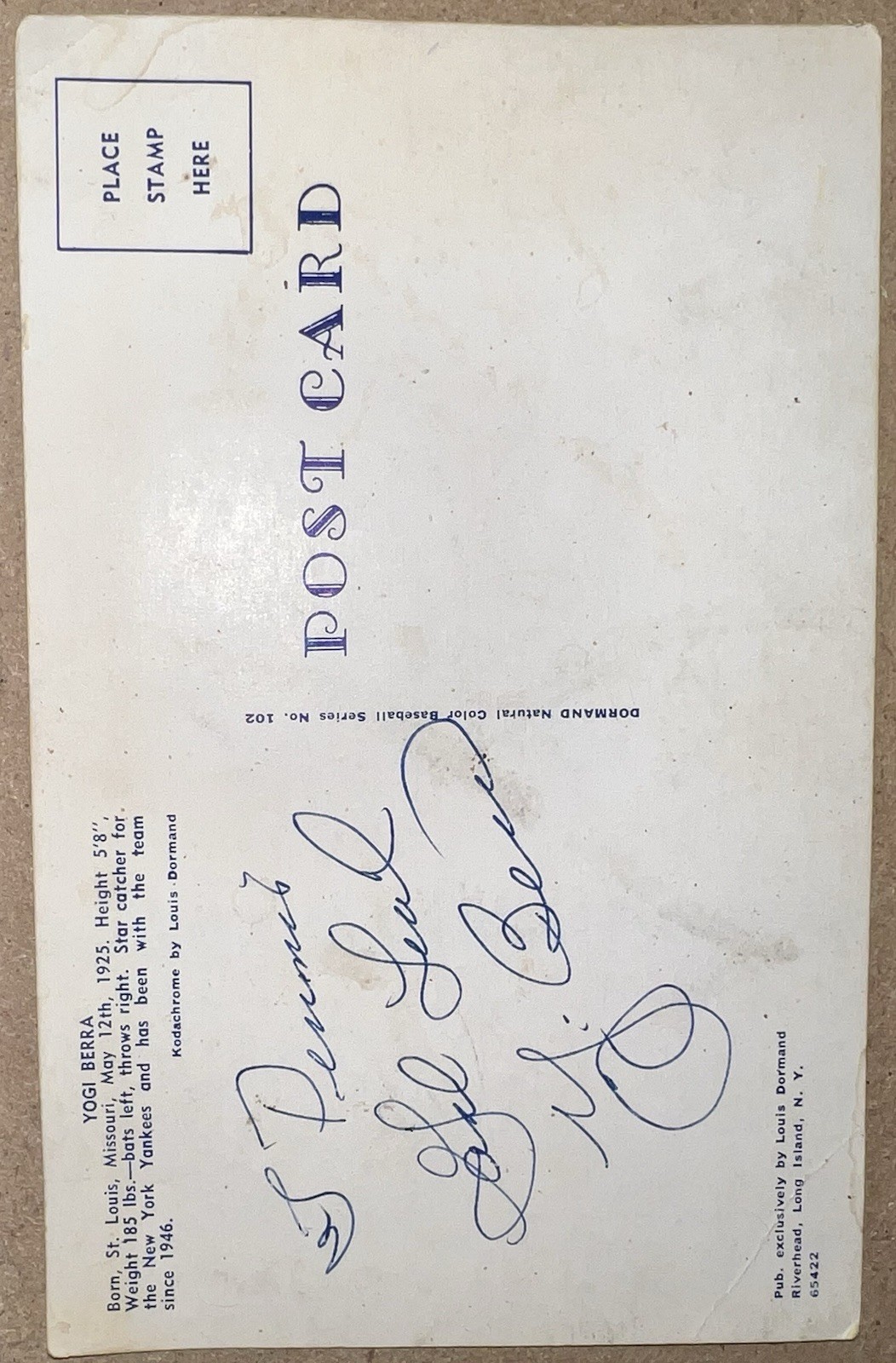 Signed Louis Dorman Yogi Berra Baseball Photo Postcard, Unposted, Single Unit