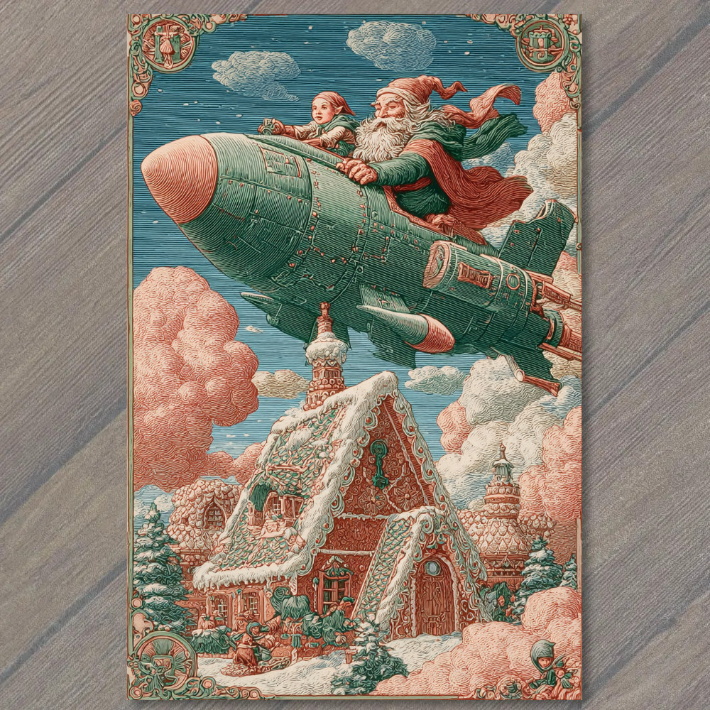 POSTCARD Santa Riding Rocket Over Gingerbread House Retro Christmas Fantasy Art