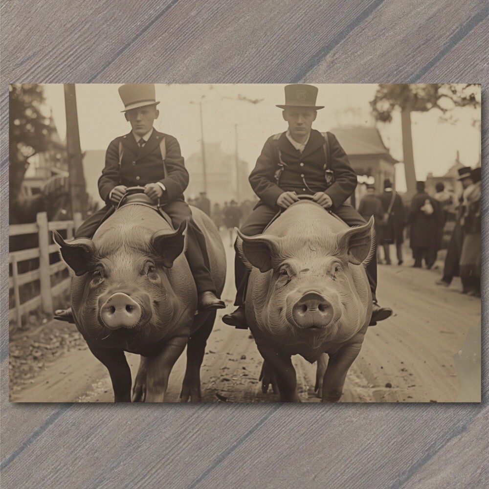 POSTCARD Pig Riding Men Top Hat Old School Vibe Weird Strange Funny Race Swine