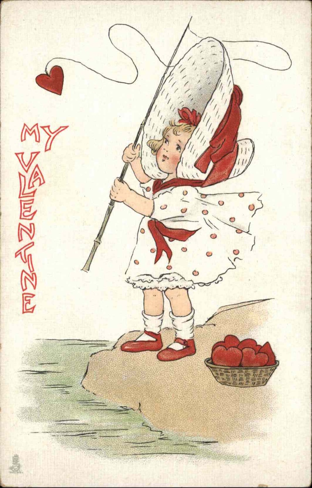 Valentine’s Day Girl Bonnet Fishing Vintage Postcard