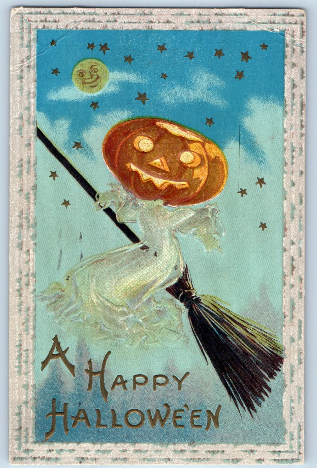 1918 Halloween Creepy Jack O Lantern Broomstick Embossed Louisville KY Postcard