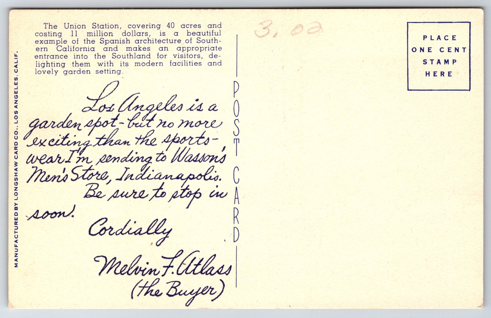Indianapolis Indiana~Wasson’s Men Store~Melvin F Atlass Sportswear Buyer~1940s