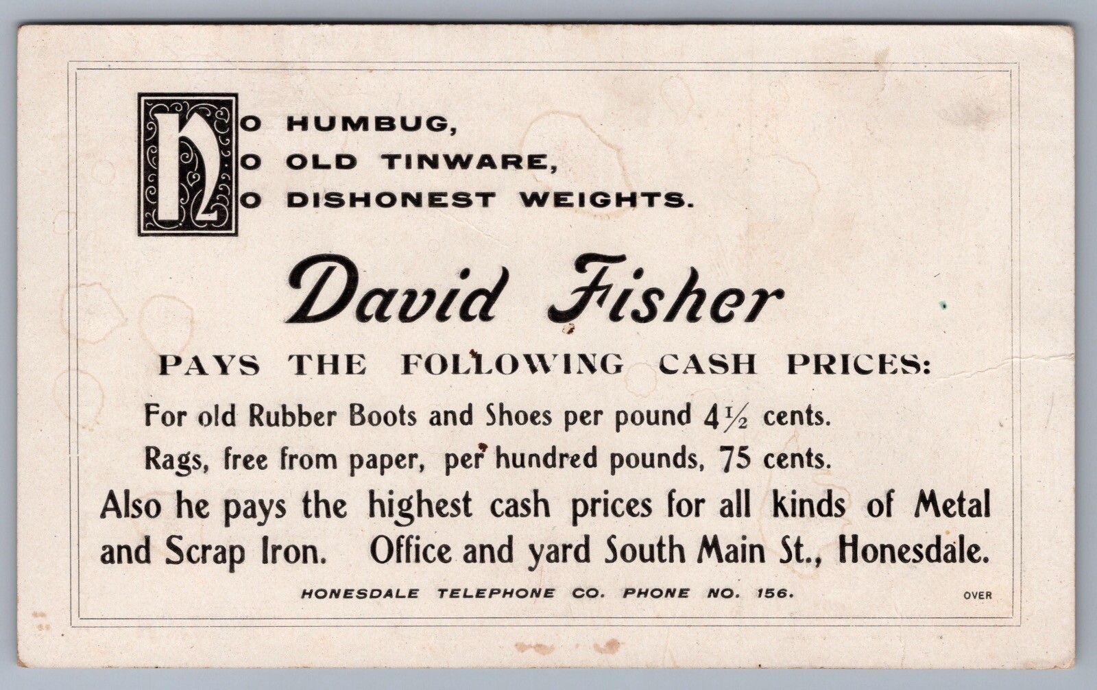 Irvings Cliff Honesdale PA David Fisher Scrap Buyer Advertising Postcard H6