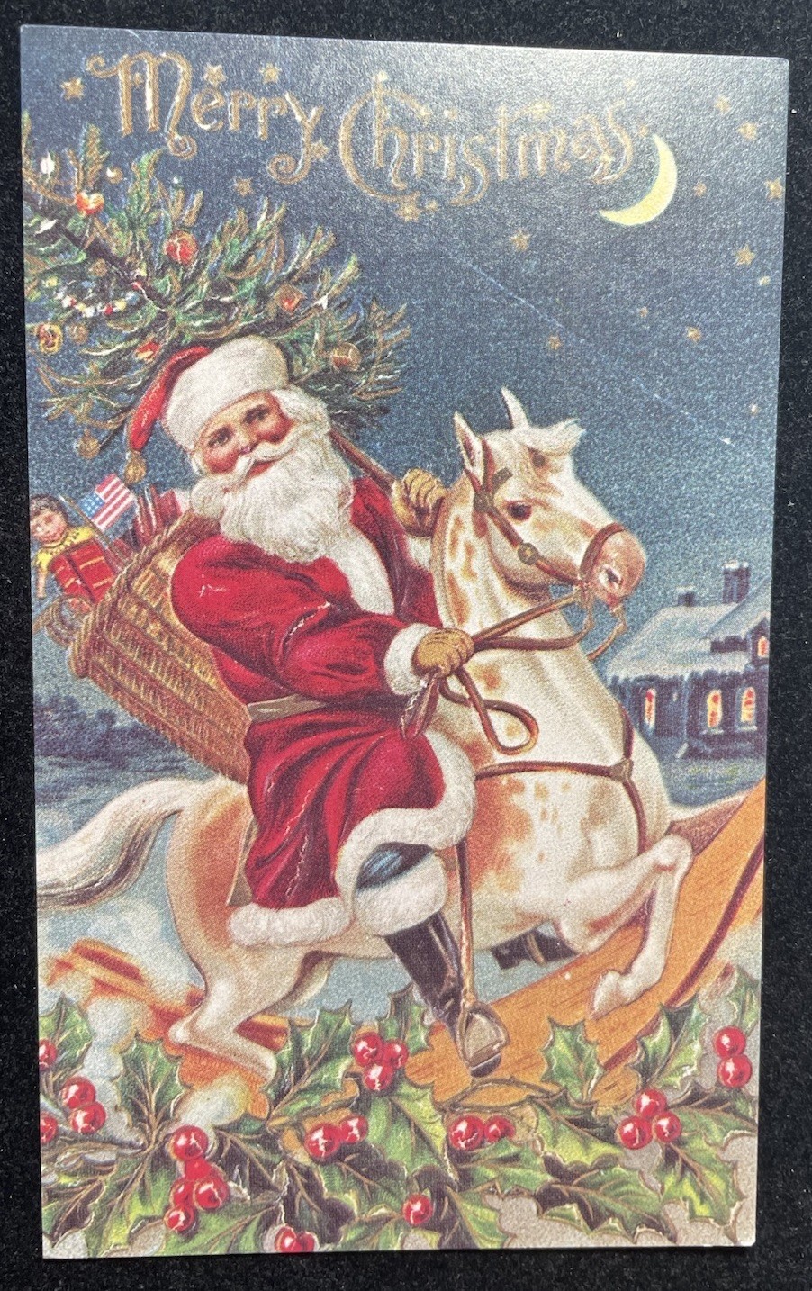 Postcard Reproduction Santa Riding Hobbyhorse Rocking Horse Christmas P29