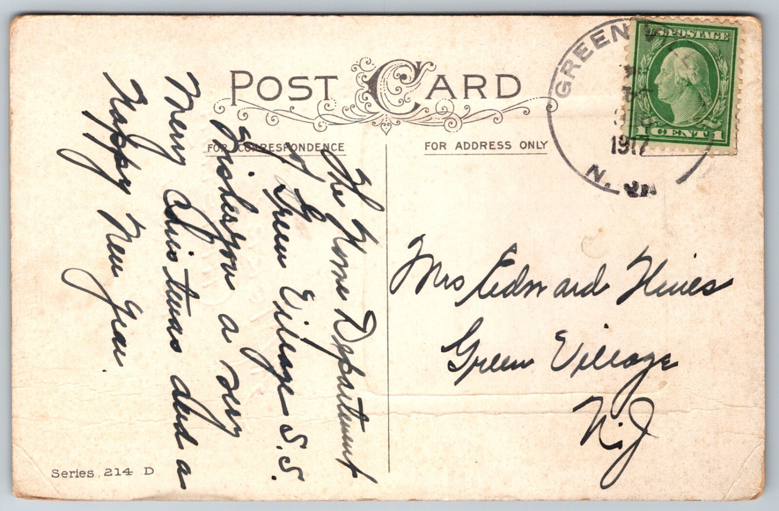 Merry Christmas Water Lilies Trees 1917 Green Village NJ Sunday School Postcard