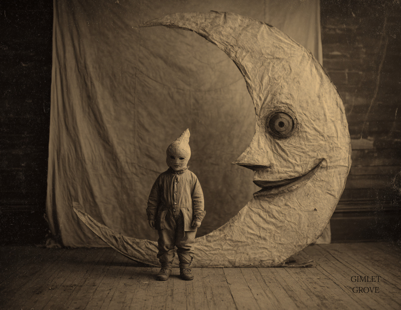 Creepy Studio Paper Moon w/ Child Scene Retro Style Halloween Postcard 5.5×4.25″