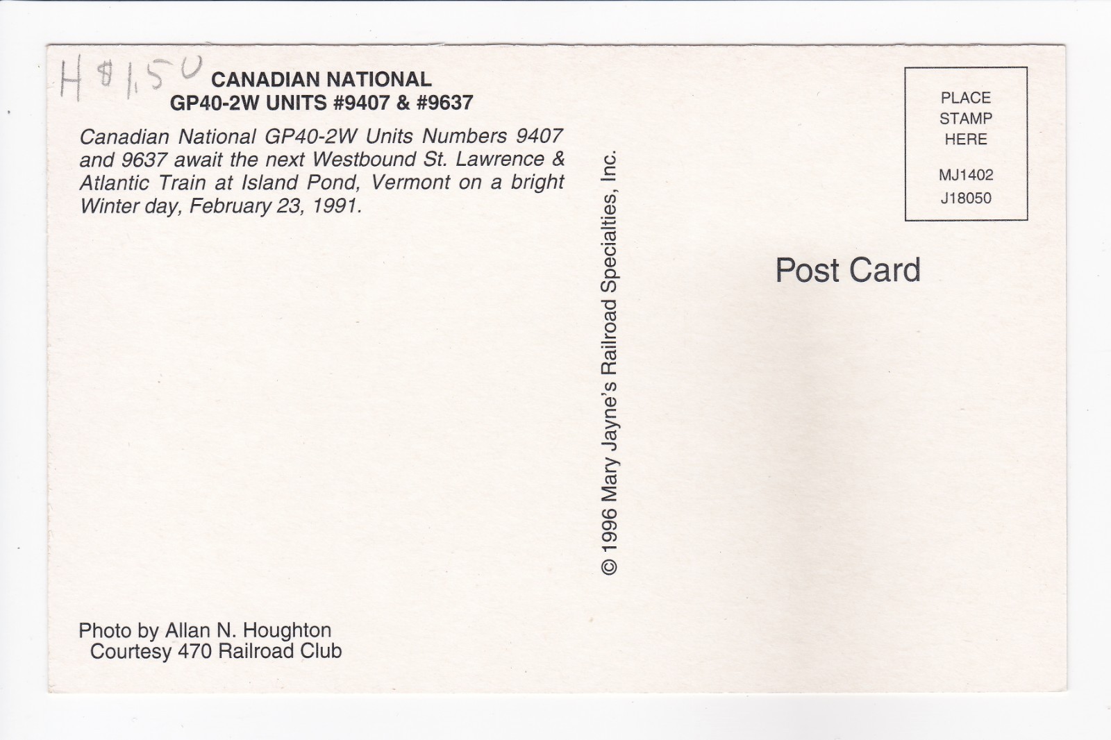 Canadian National GP40-2W Unit No. 9407 & 9637 Island Pond VT Chrome Postcard