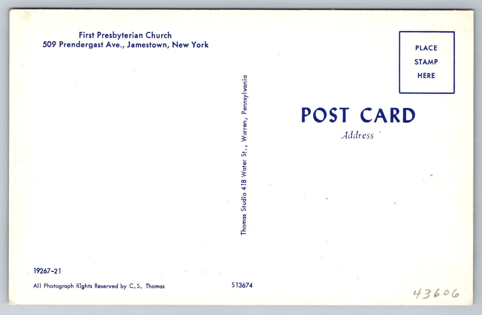 Vintage Postcard NY Jamestown First Presbyterian Church 50s Cars -2024