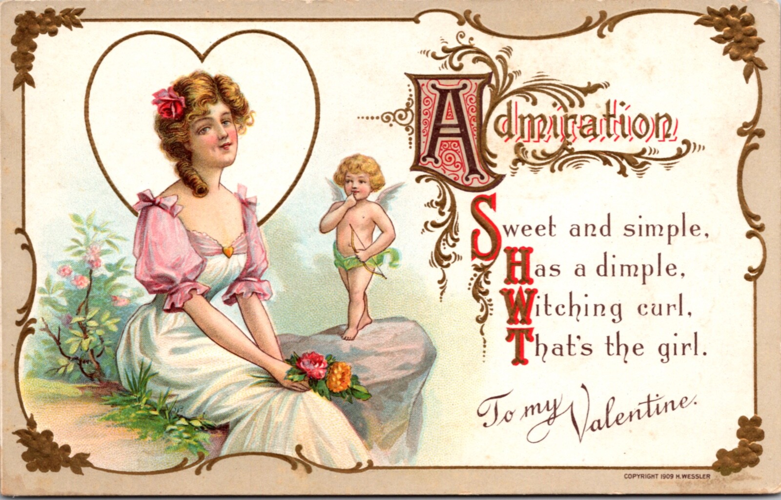 Valentine’s Day Postcard Cherub Cupid Standing with Woman Holding Flowers