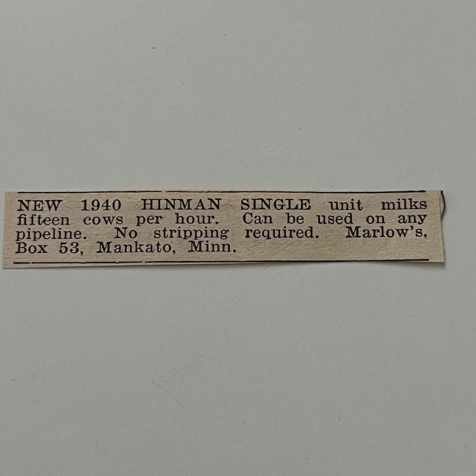 Marlow’s Hinman Single Unit Milks Mankato MN 1940 Racine WI Clipping SAH5-S27