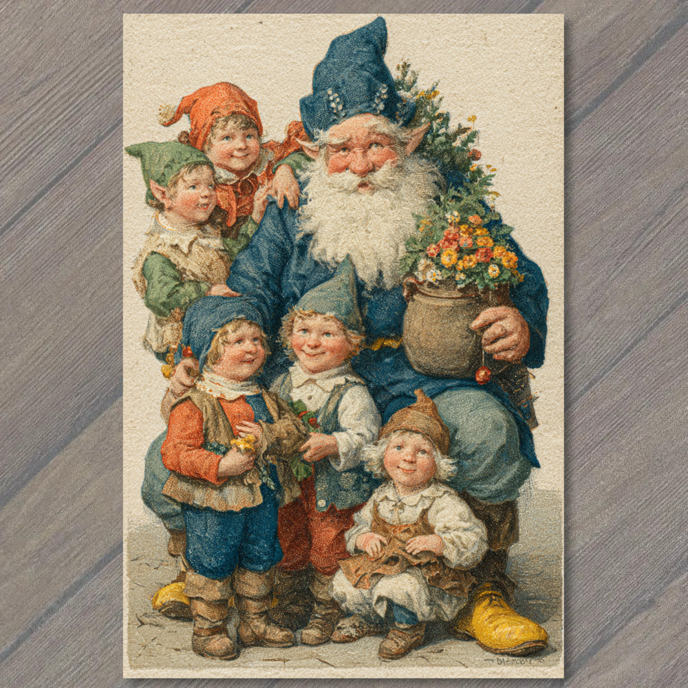POSTCARD Whimsical Gnomes with Flowers Forest Dwarfs Fantasy Holiday Artwork