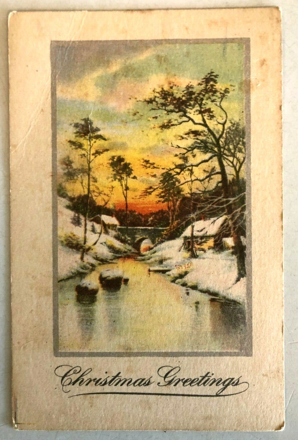 Vintage CHRISTMAS Greetings Postcard Winter Scene with sunset, river, bridge