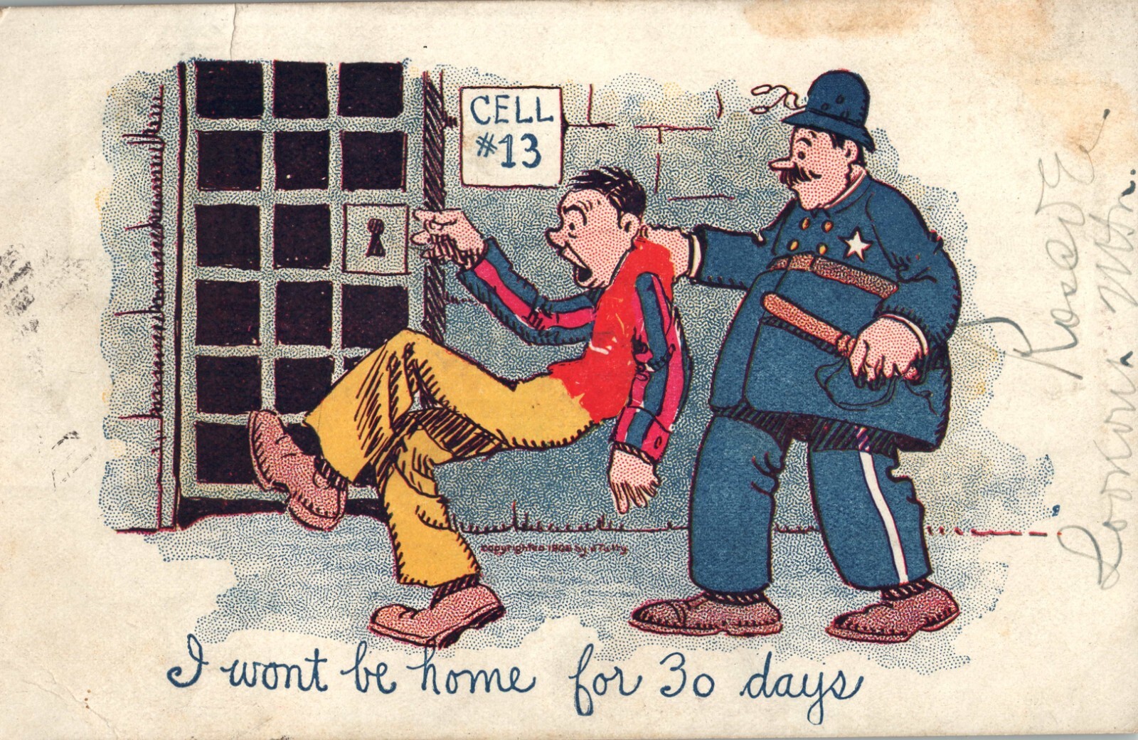 I Won’t Be Home for 30 Days Police Put Crook in Jail Cell 1906 Comic Postcard