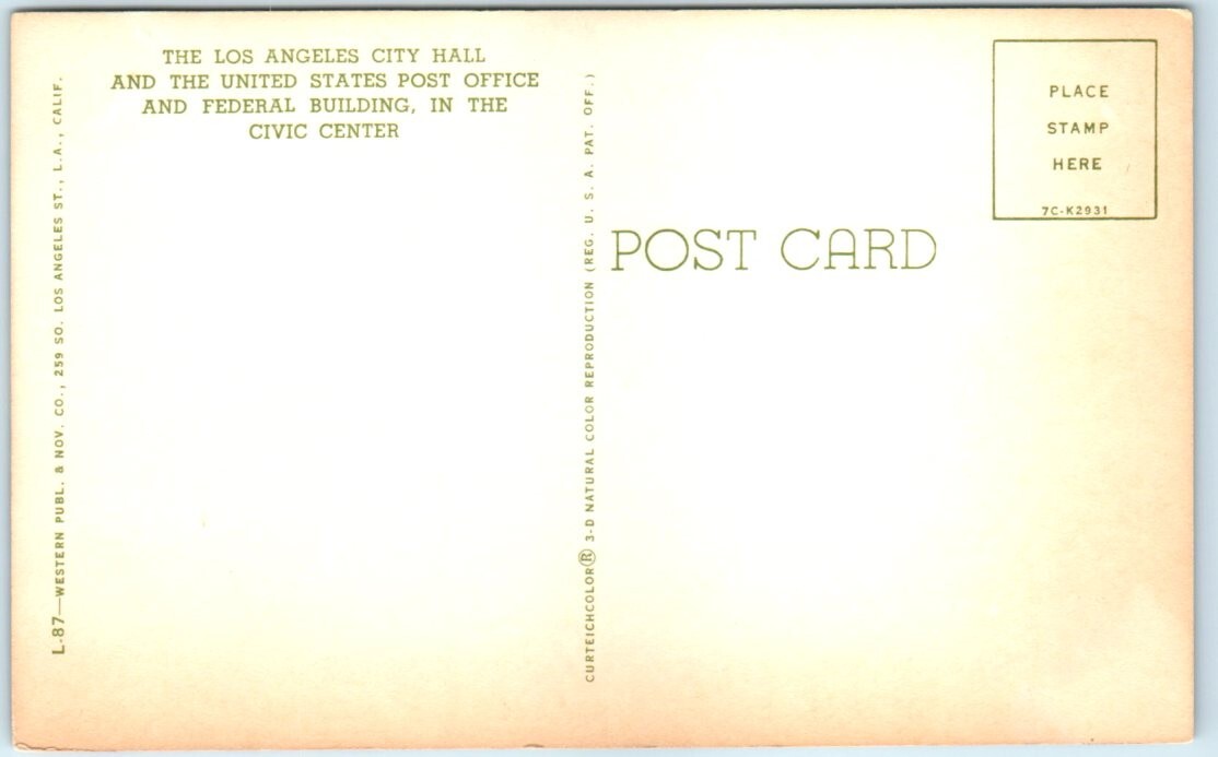 Postcard – Los Angeles City Hall & United States Post Office & Federal Building