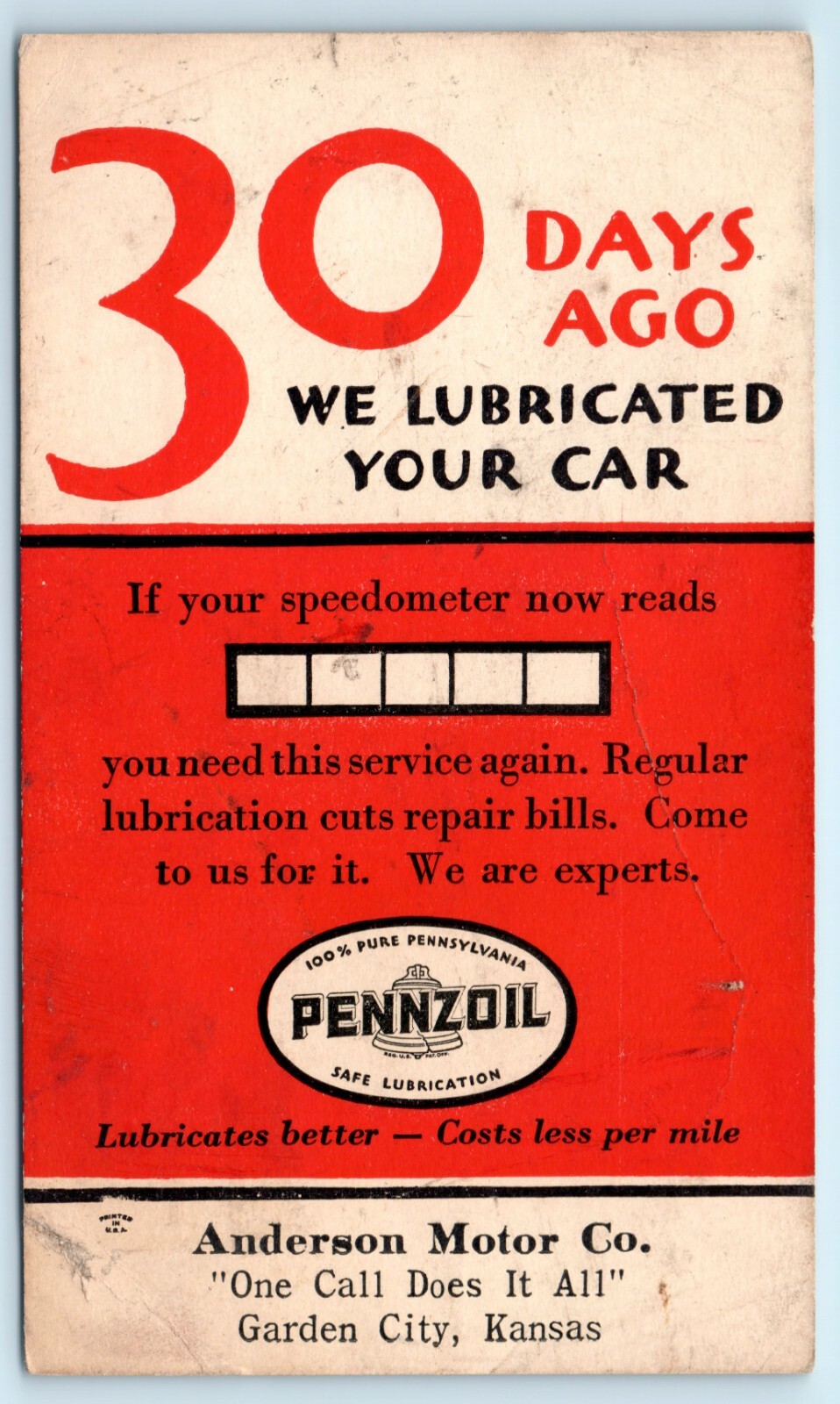 POSTCARD 30 Days Ago Automotive Service Pennzoil Anderson Motor Co Kansas