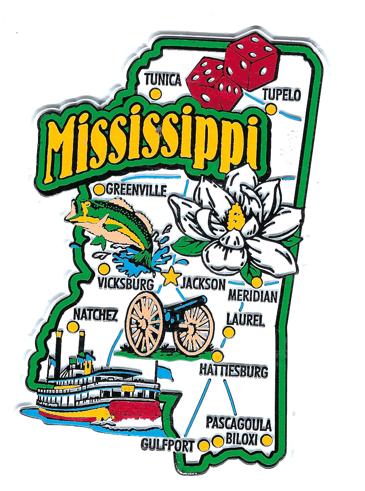 MISSISSIPPI JUMBO STATE MAP MAGNET 7 COLOR JACKSON, GULFPORT, NATCHEZ