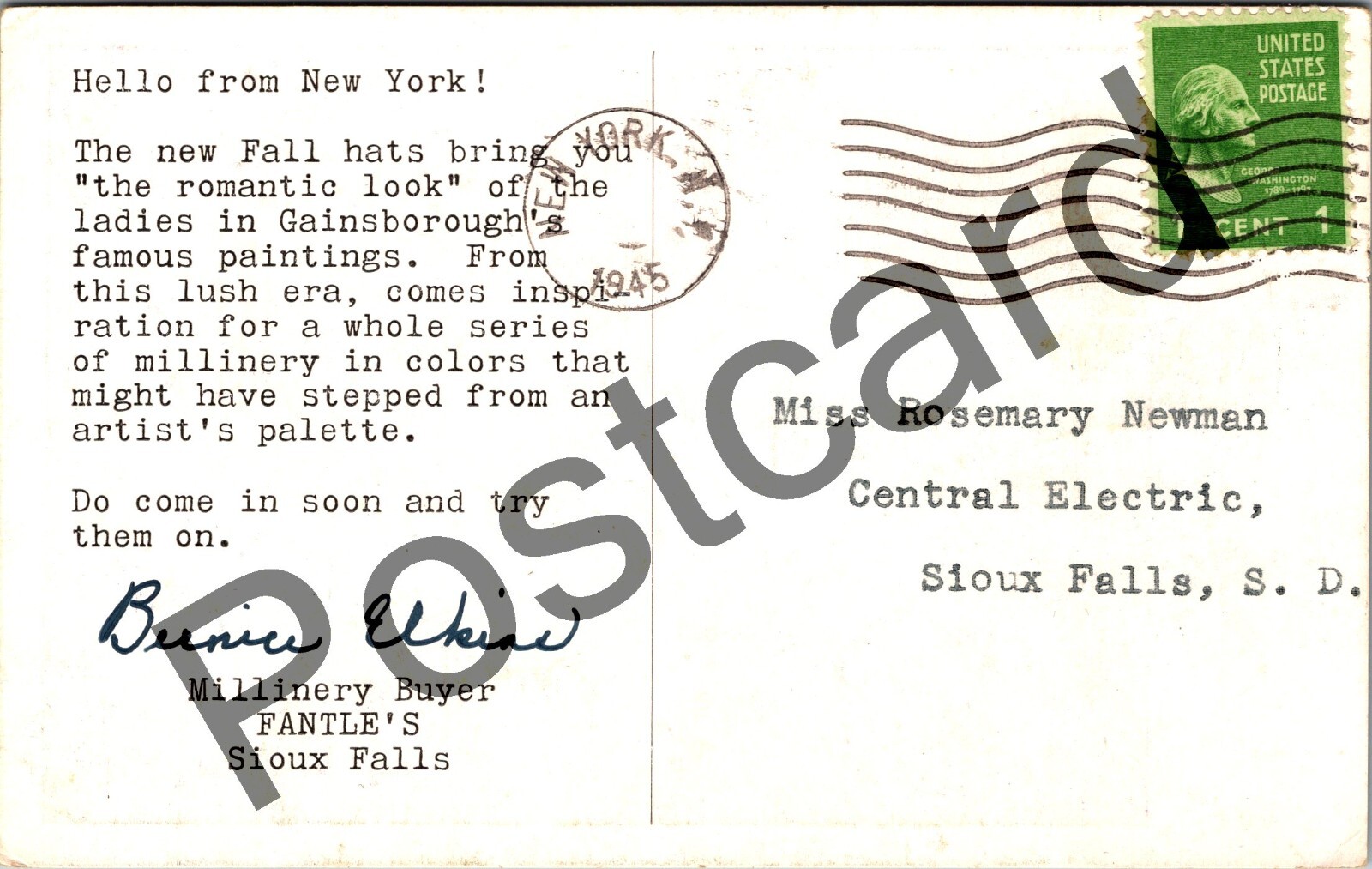 1945 New Fall Hats, FANTLE’S Millinery Buyer, Sioux Falls, advert postcard jj140