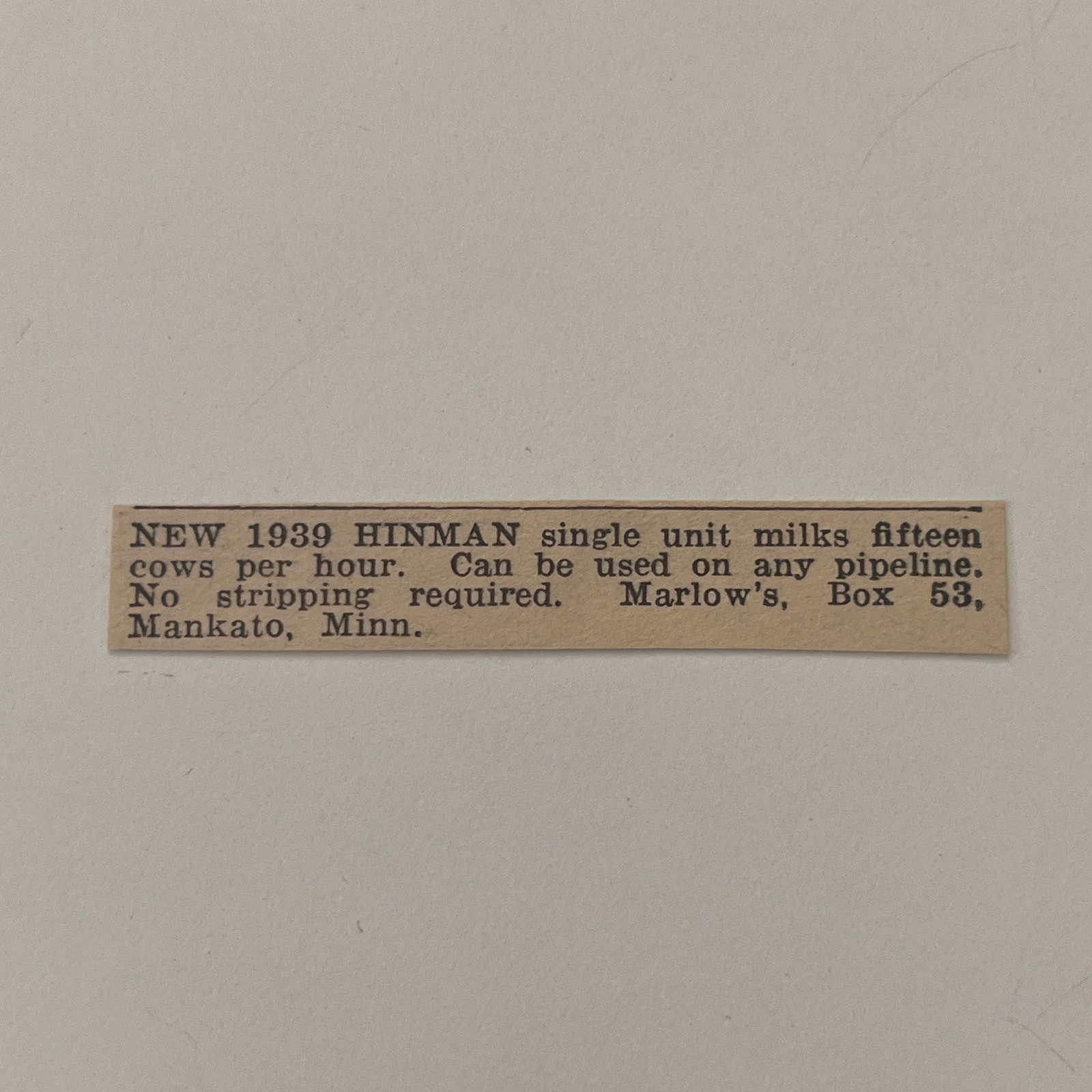 New 1939 Hinman Single Unit Milks 15 Cows Per Hour 1939 Wisconsin Ad SAH8-S21