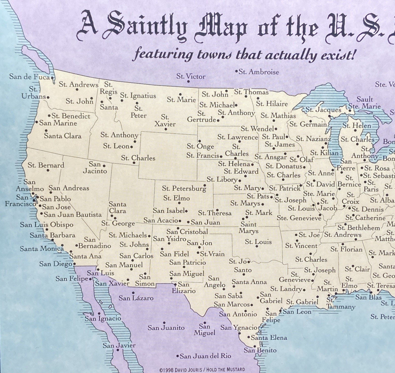 A Saintly Map of The USA- Towns That Actually Exist, Funny Vintage Postcard -new