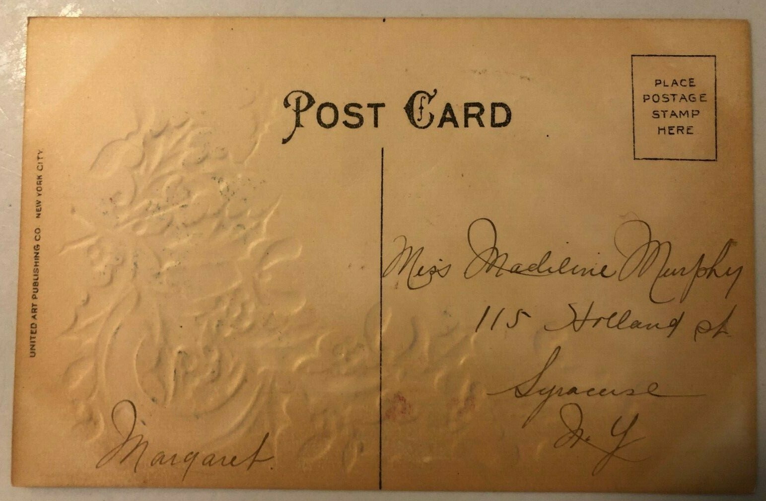 “CHRISTMAS GREETINGS FROM AUBURN N.Y.” VINTAGE EMBOSSED W/ GLITTER POSTCARD!