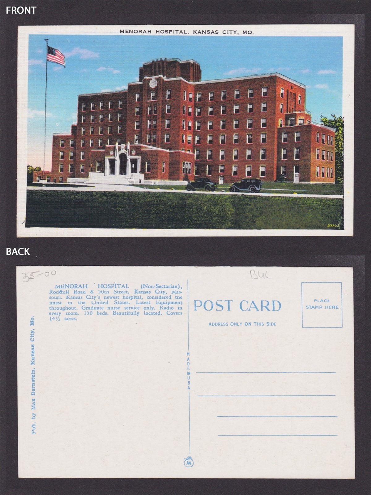 UNITED STATES, Vintage postcard, Menorah Hospital, Kansas City, Unposted