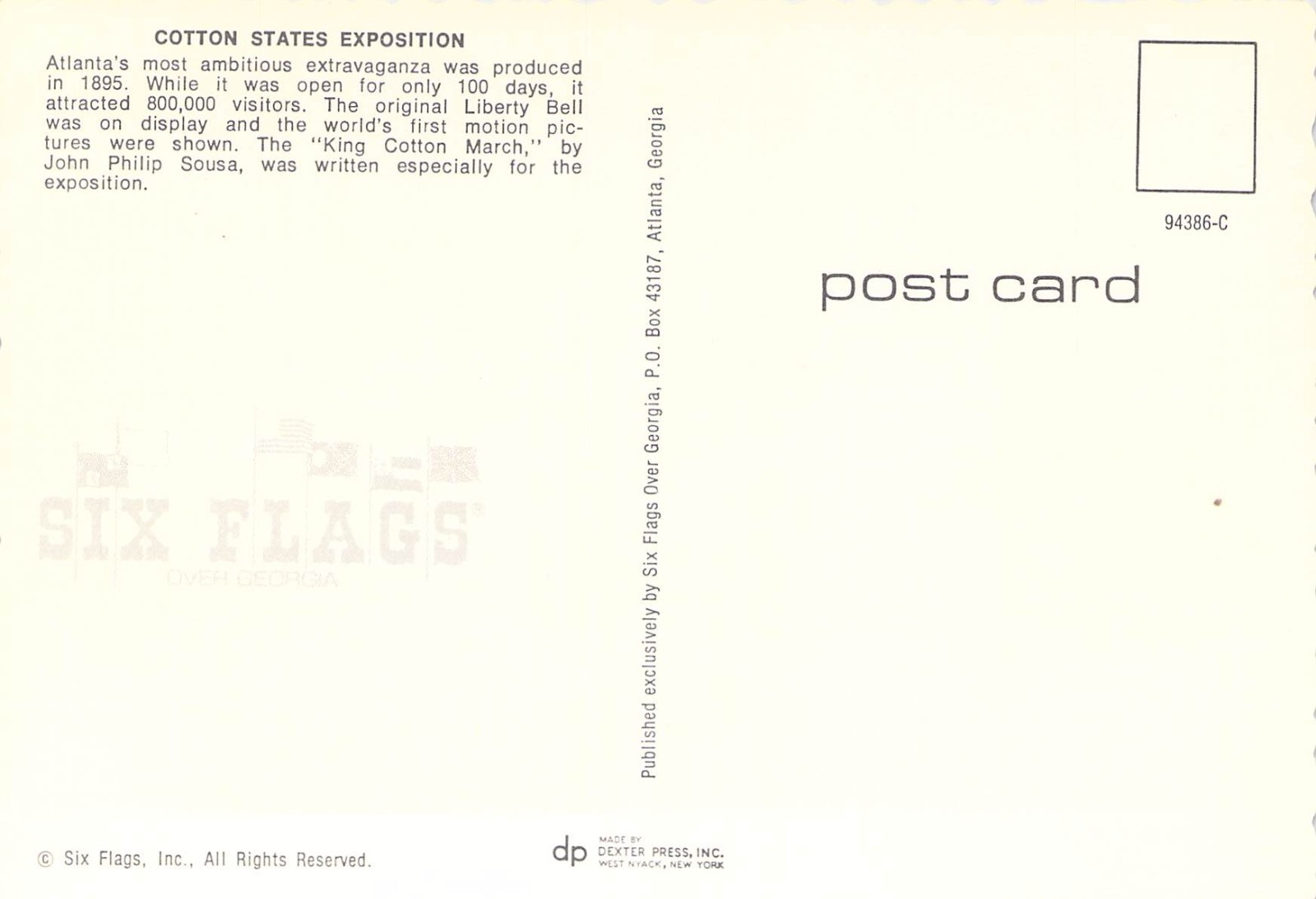 1973 Six Flags over Georgia Cotton States Expo Roller Coaster Postcard 4×6 C70