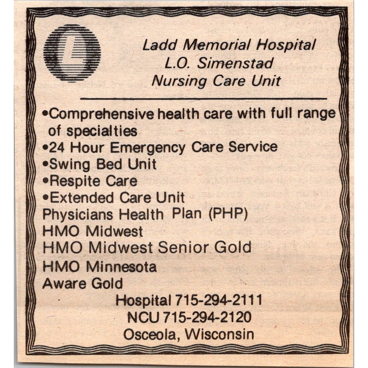 Ladd Memorial Hospital Nursing Care Unit Osceola WI 1983 Dalles Clipping SAH9-H6