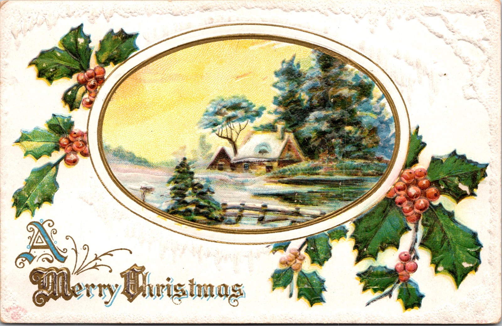 Merry Christmas Cabin Holly Icicles Embossed DB Postcard XA18