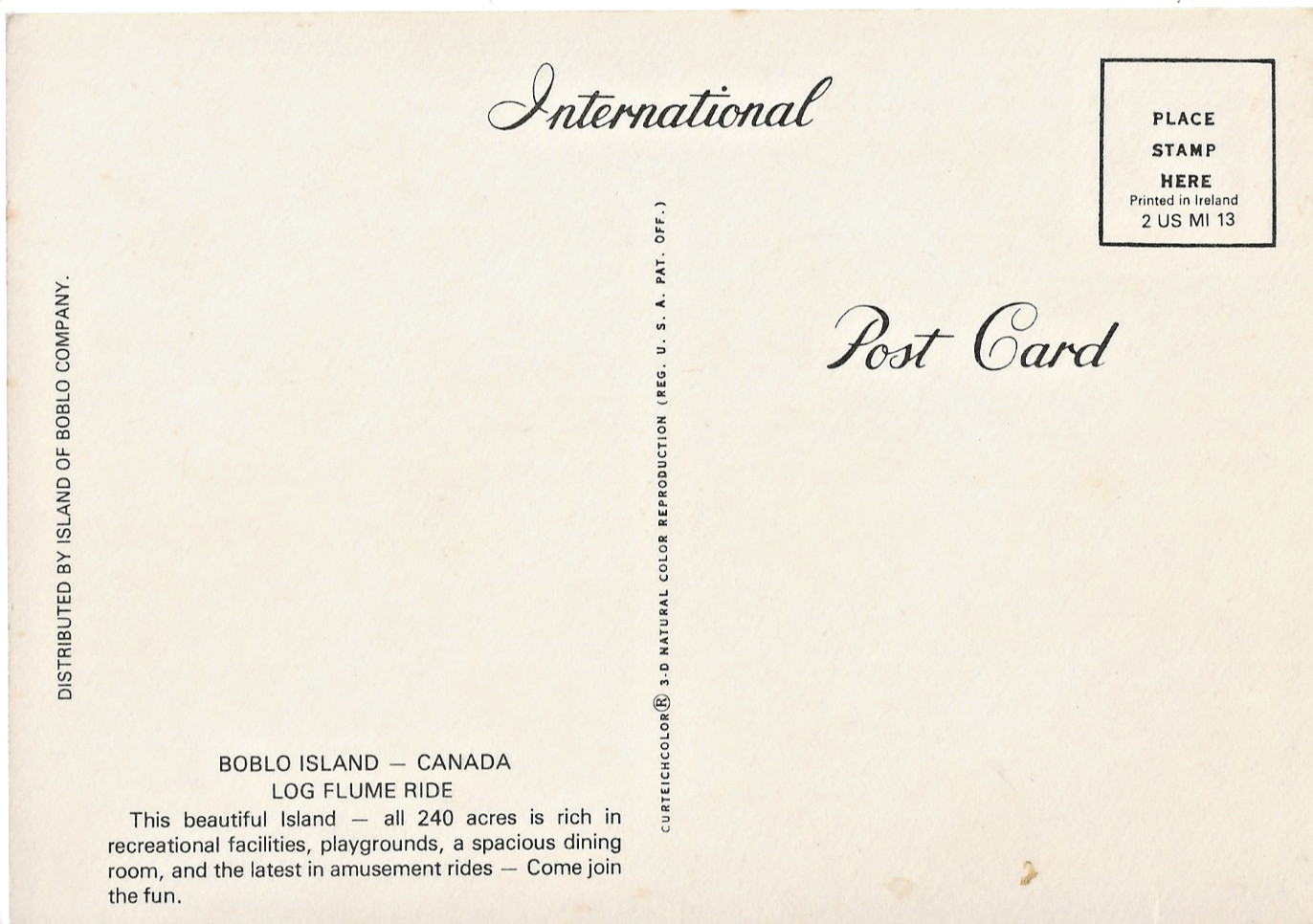 AMUSEMENT PARKS CANADA Boblo Island Log Flume Ride Postcard Chrome UNU