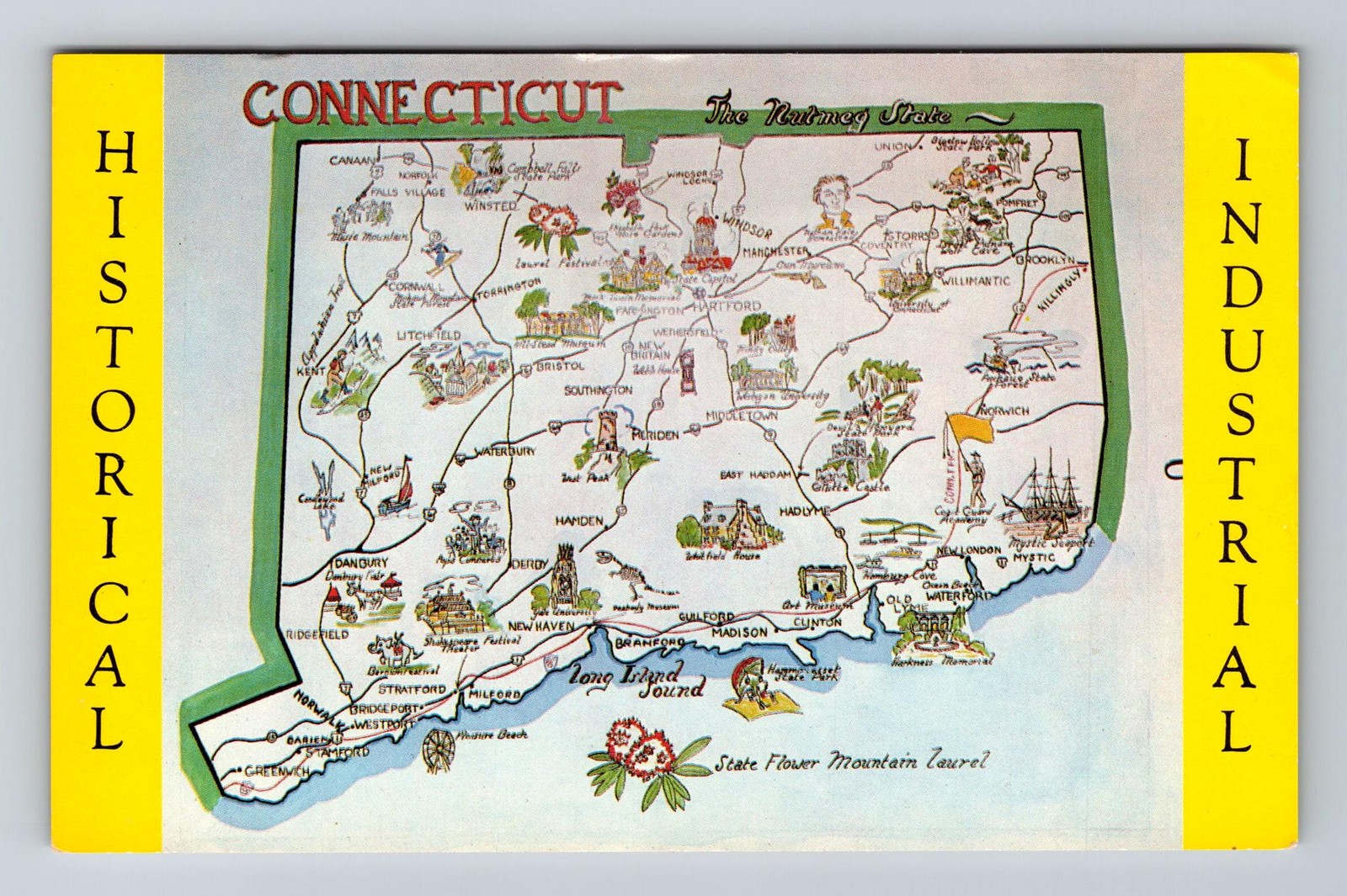 Map Of State Of Connecticut State Flower Vintage Postcard Old Card Souvenir PC
