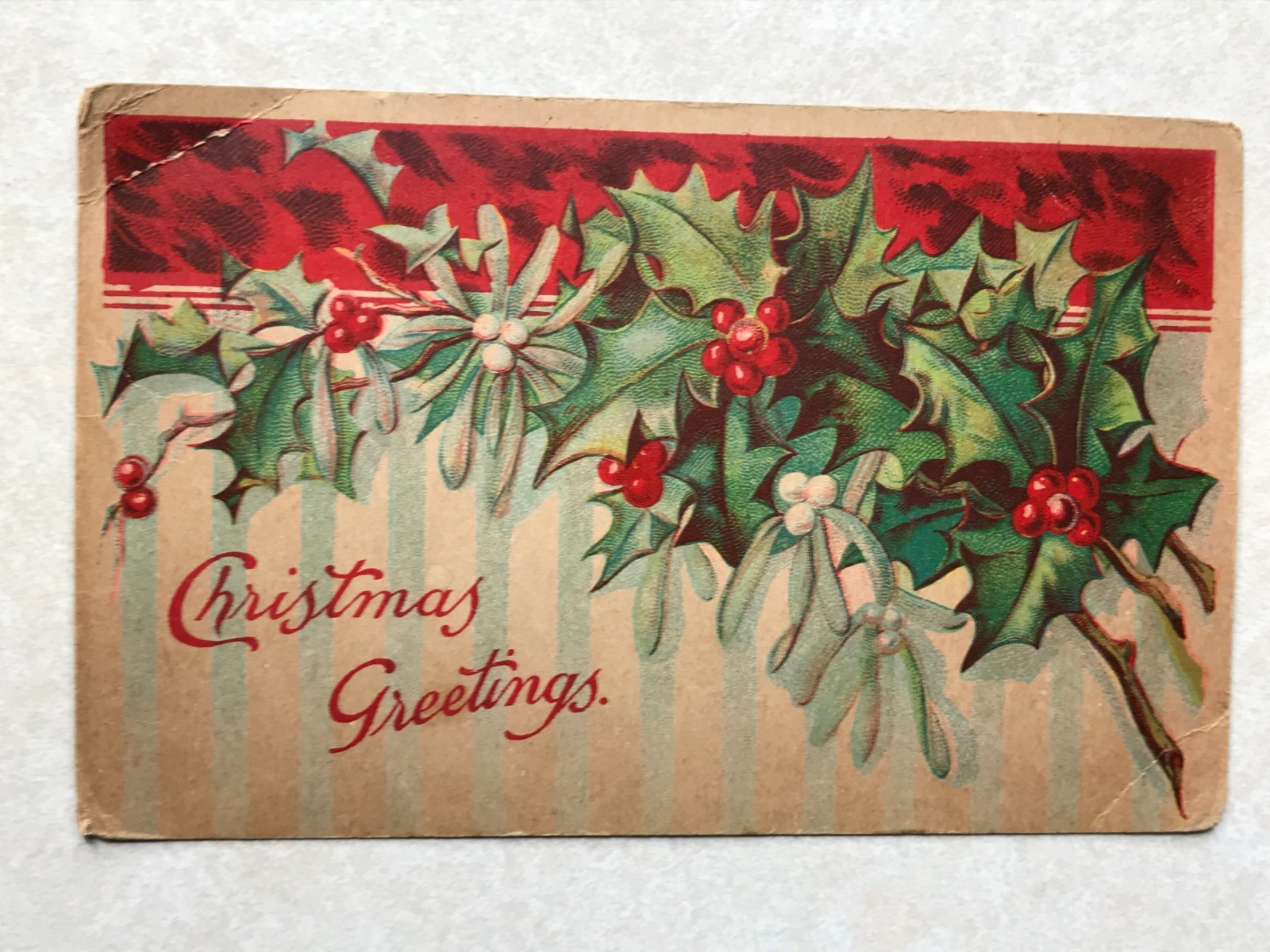 P1437 Vintage Postcard Christmas Greetings Holly And Mistletoe Greeting