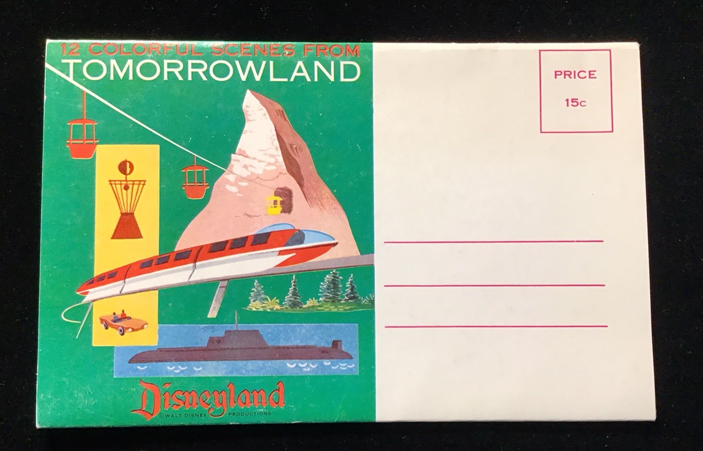 VTG WALT DISNEY DISNEYLAND POSTCARD FOLDER BOOKLET 12 VIEWS TOMORROWLAND RIDES