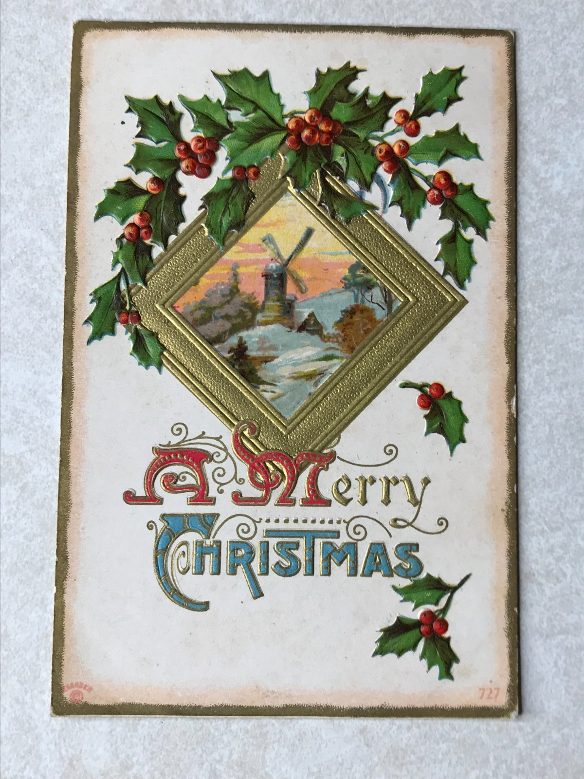P1451 Vintage Postcard A Merry Christmas Windmill Holly Embossed Greeting