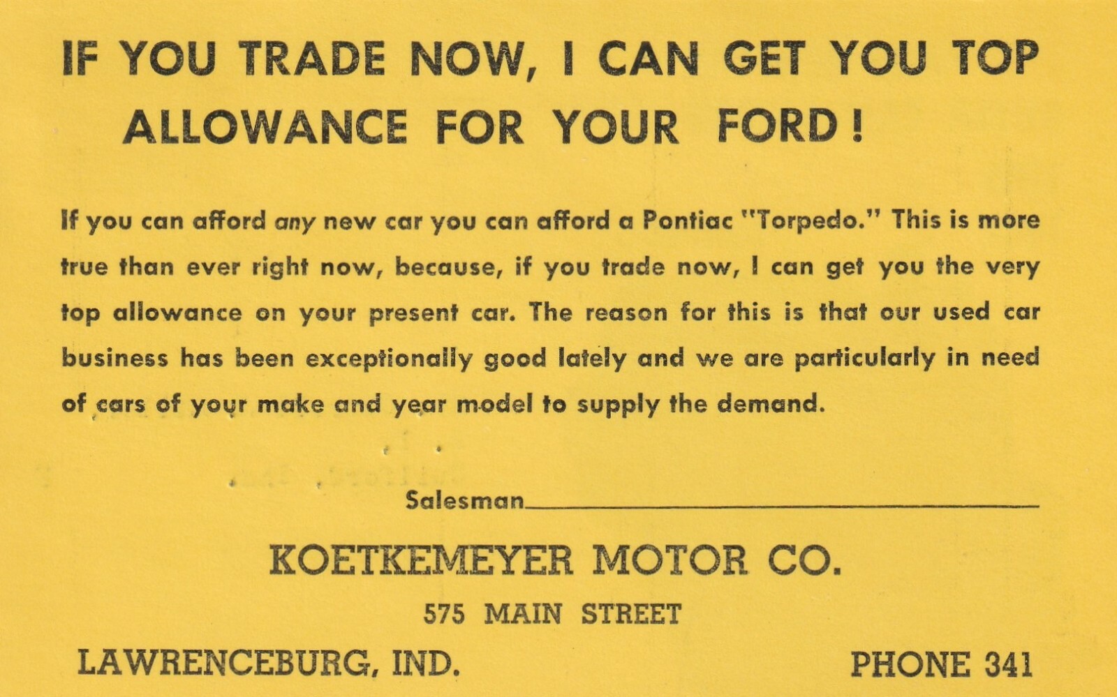 Advertising Postcard, “Any New Car Buyer Can Afford The Pontiac “Torpedo” 1941