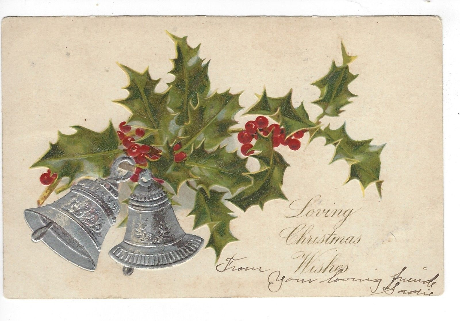 Postcard Embossed Undivided 1906 Loving Christmas Wishes 1 Cent Stamp Holly Bell