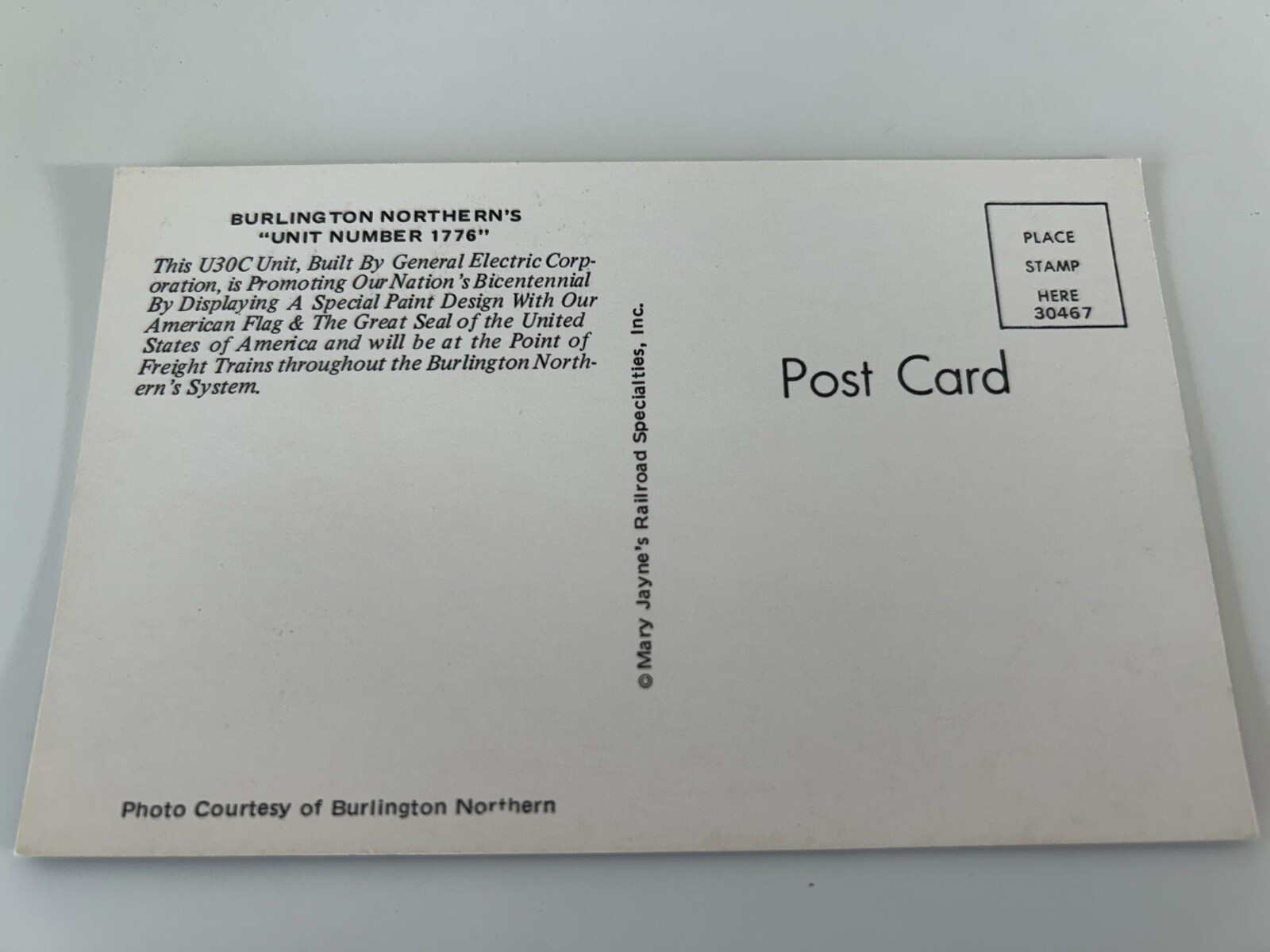 Burlington Northern’s Unit Number 1776 Train Postcard
