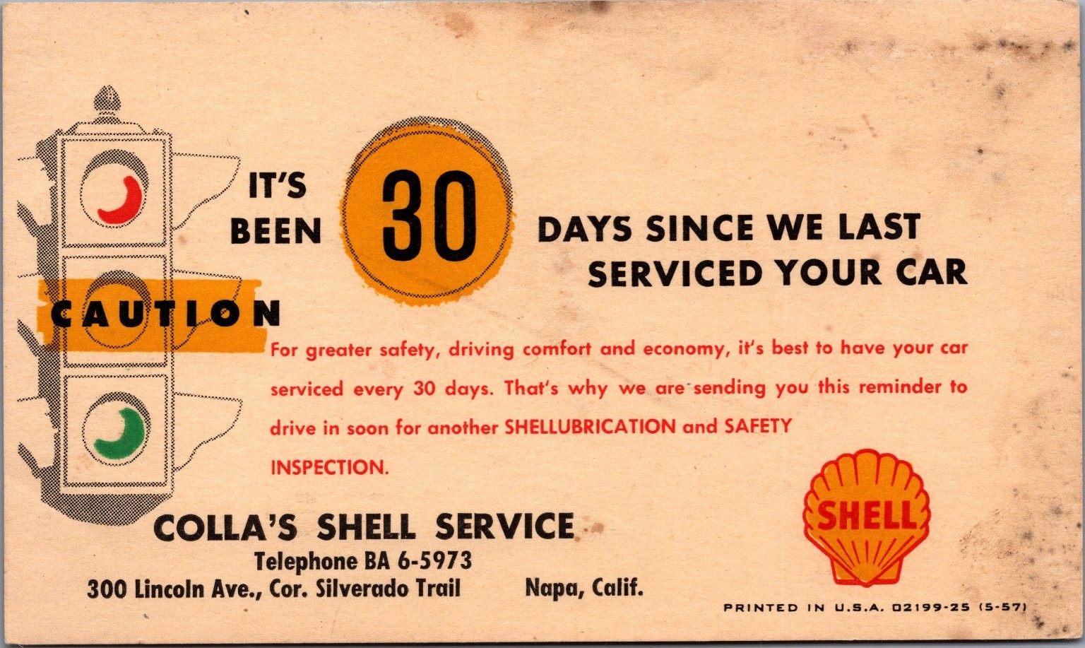 1957 Napa CA Colla’s Shell Service Advertising Postcard “30 Days”