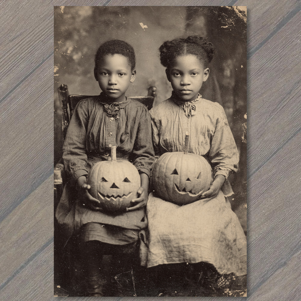 POSTCARD Sisters Pumpkins Halloween Creepy Antique Gothic Odd Retro Style