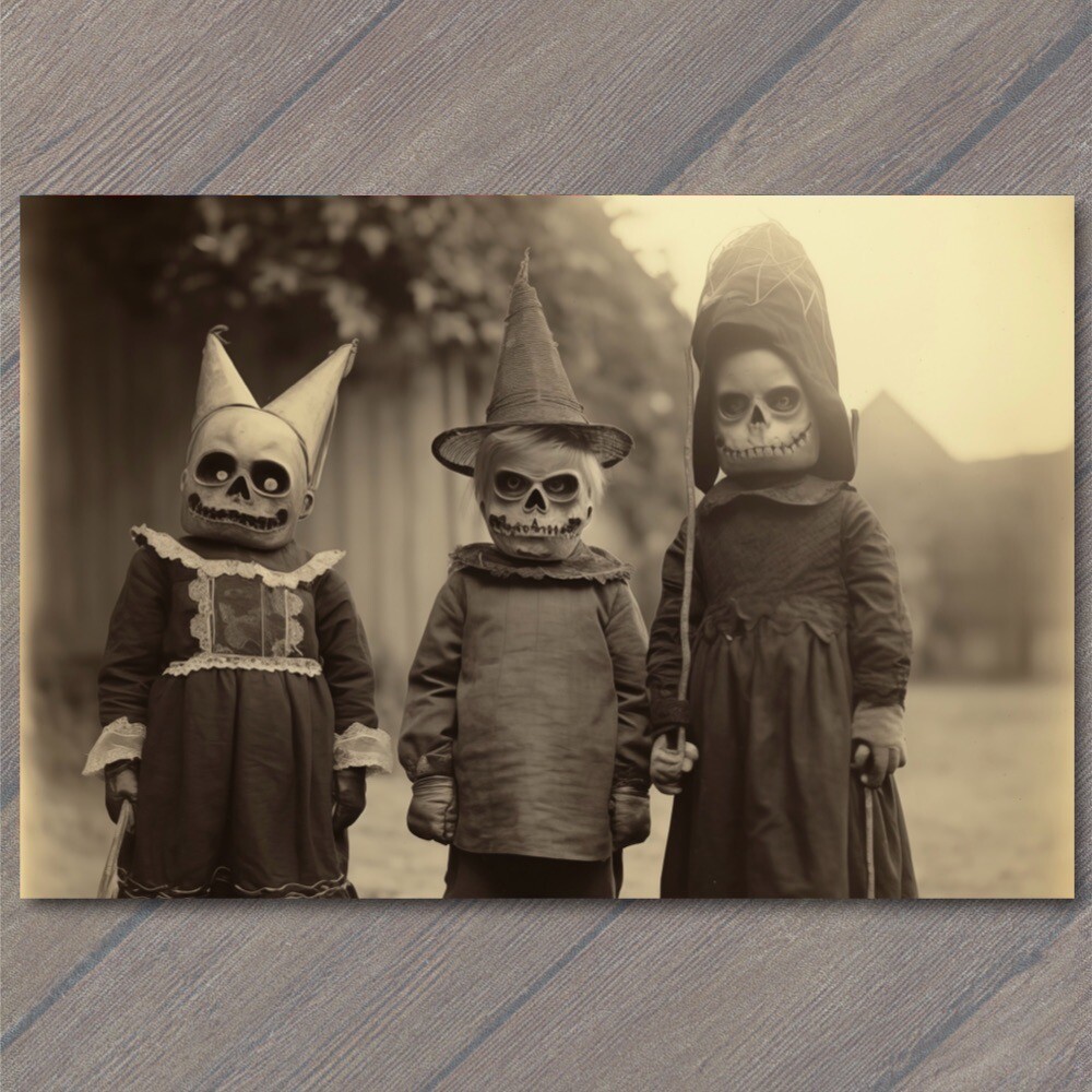 POSTCARD Weird Creepy Old Fashion Vibe Kids Masks Halloween Unusual Hats H